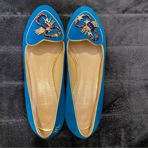 Charlotte olympia zodiac flats. Aqua blue color with gold border. Size 38